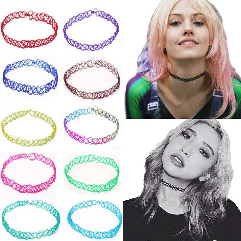 12PCS Candy Color Vintage Hippy Stretch Tattoo Choker Necklace Elastic Chocker Necklace Goth Fishing Line Tattoo Short Necklace