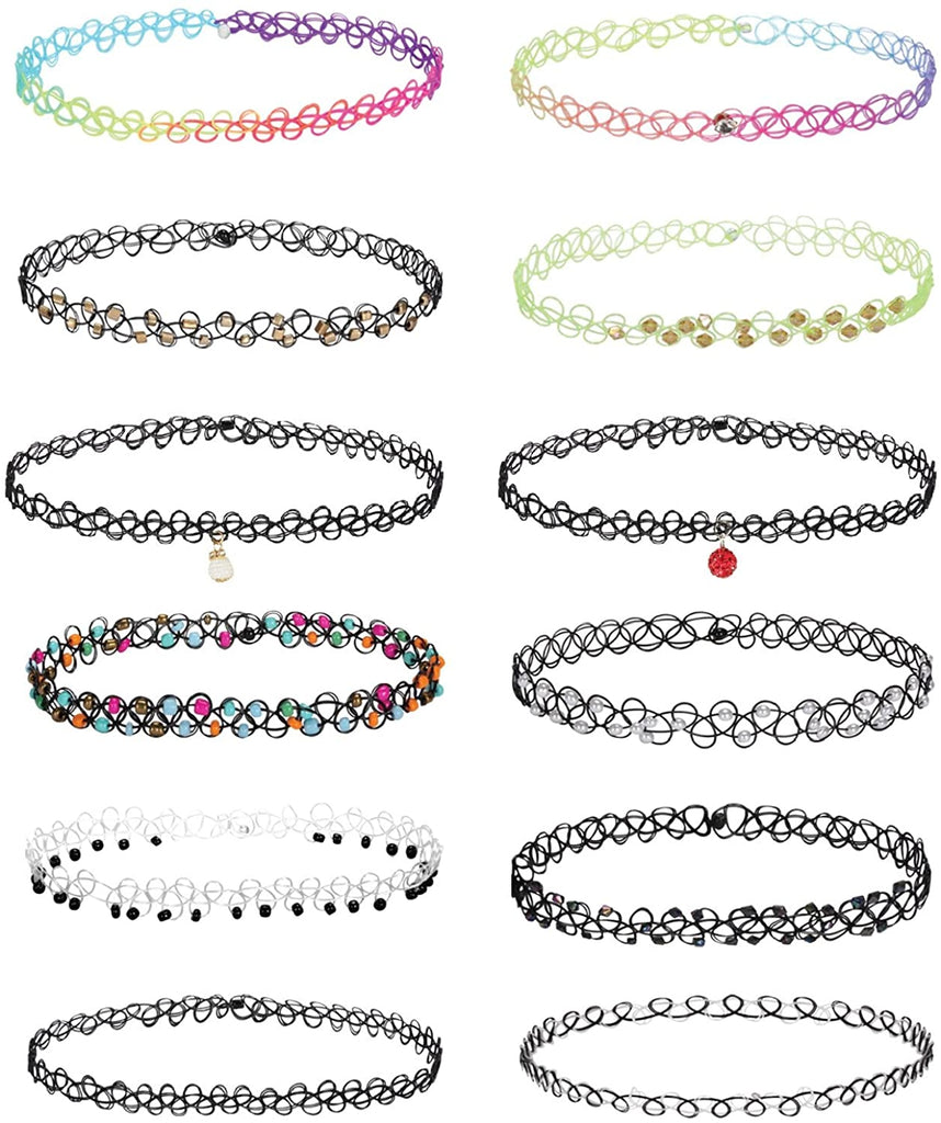 12PCS/SET Fishline Tattoo Black Chokers Necklace Vintage Stretch Henna Gothic Punk Elastic Hollow Chocker Women Jewelry