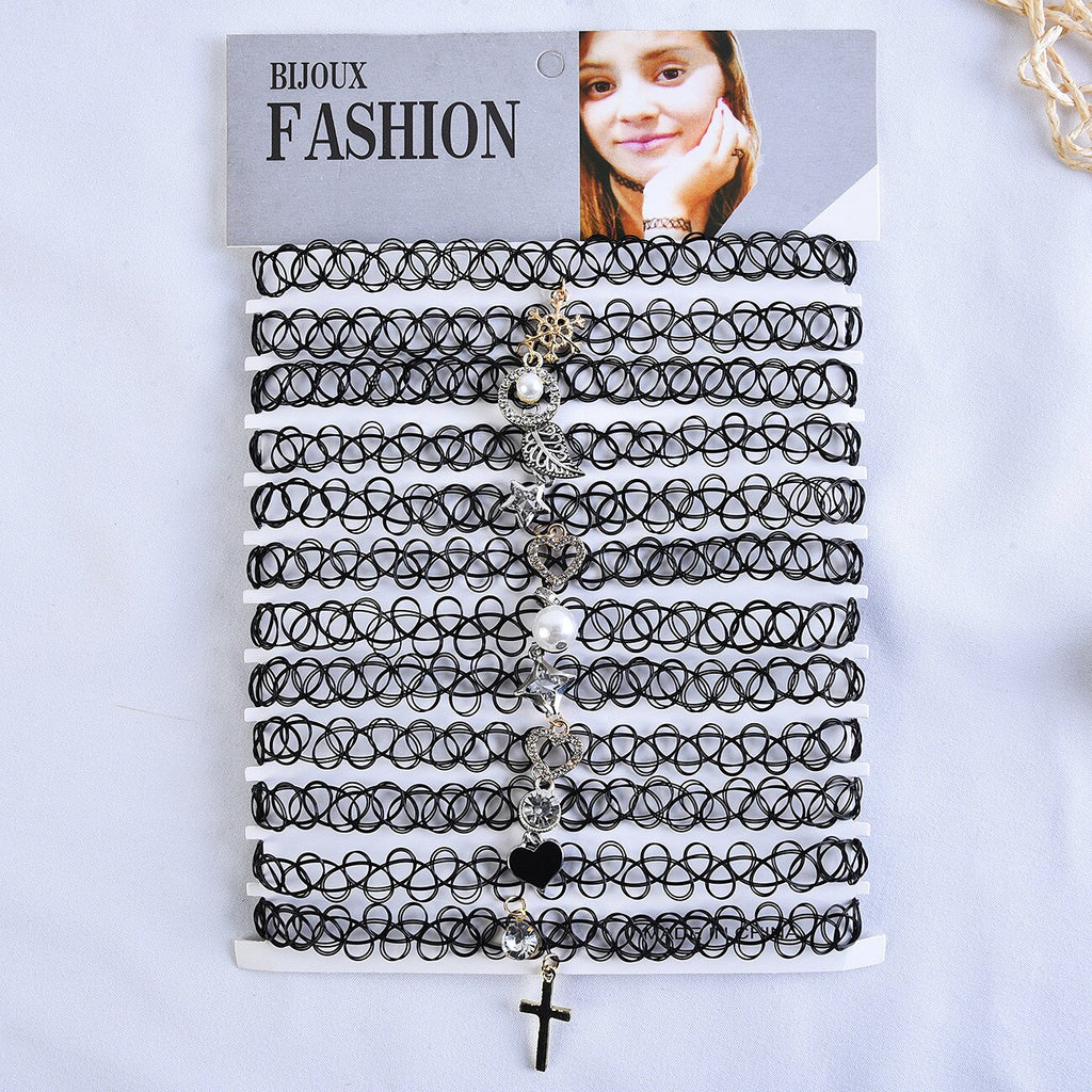 12PCS/SET Fishline Tattoo Black Chokers Necklace Vintage Stretch Henna Gothic Punk Elastic Hollow Chocker Women Jewelry