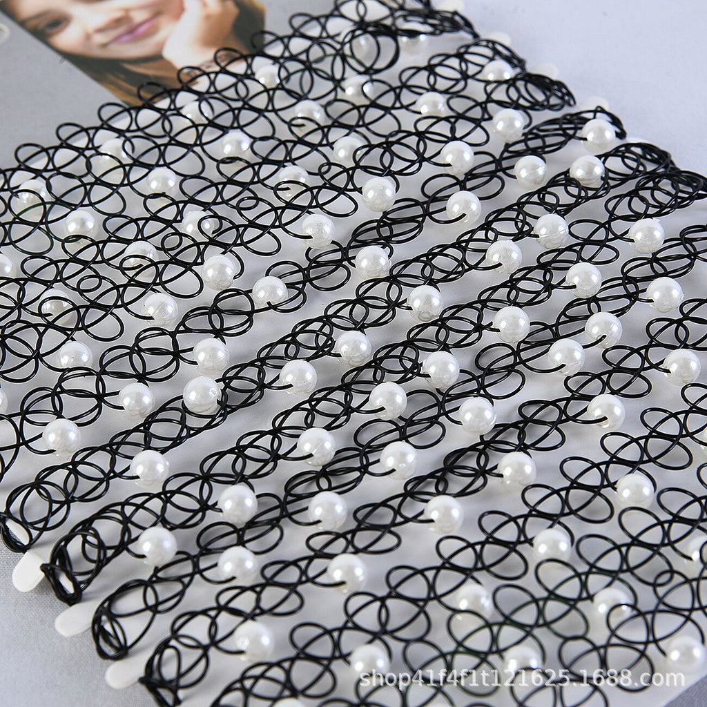 12PCS/SET Fishline Tattoo Black Chokers Necklace Vintage Stretch Henna Gothic Punk Elastic Hollow Chocker Women Jewelry