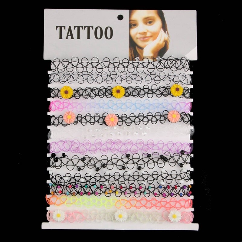 12Pcs/Set Fish Line Chokers Tattoo Rainbow Chokers Vintage Flower Girls Stretch Gothic Punk Elastic Collares Women Jewelry