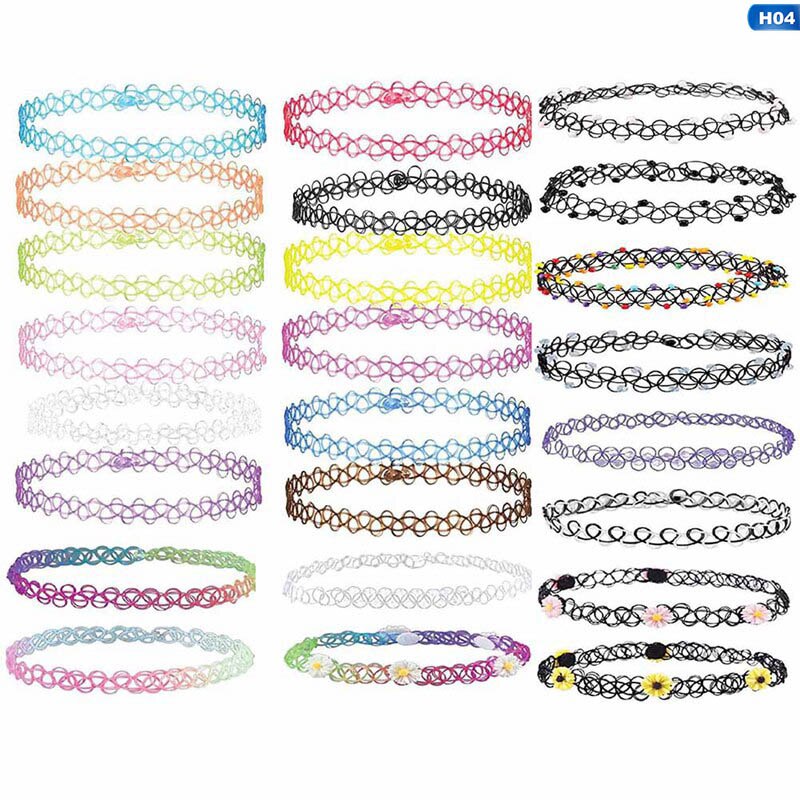 12Pcs/Set Fish Line Chokers Tattoo Rainbow Chokers Vintage Flower Girls Stretch Gothic Punk Elastic Collares Women Jewelry