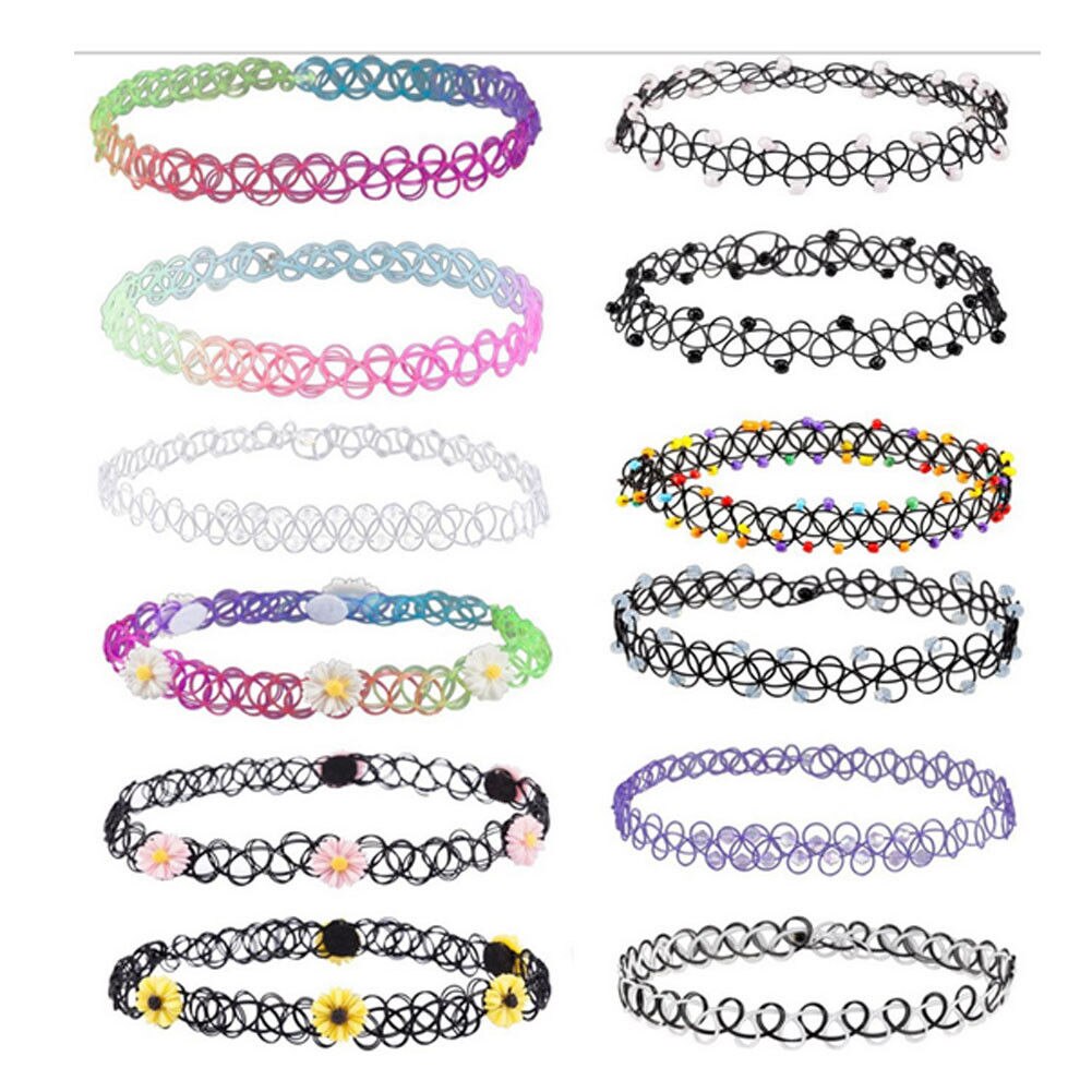 12Pcs Vintage Stretch Choker Necklace Lady Girl Tattoo Choker Necklace Punk Retro Gothic Elastic Pendants