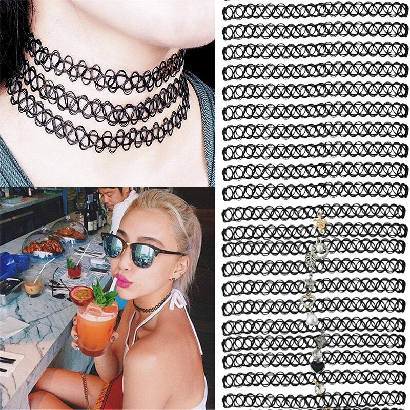 12Pcs Vintage Stretch Tattoo Choker Necklace Colorful Fishing Line Necklace Women Gothic Elastic Collares Summer Beach Jewelry