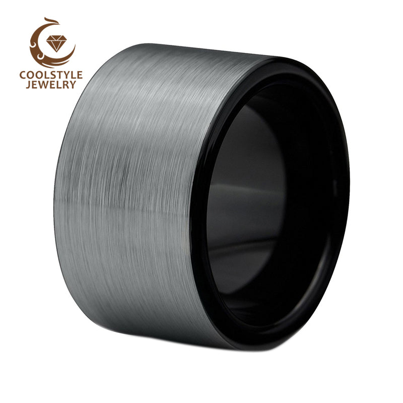 12mm Large Width tungsten carbide ring for men black plated silver brushed top pipe cut comfort fit