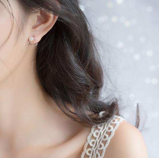 12mm WOMEN 100% REAL. 925 Sterling SIlver Fine Jewelry White Shell Pearl &Open Triangle /Square Geometric Stud Earrings GTLE1949