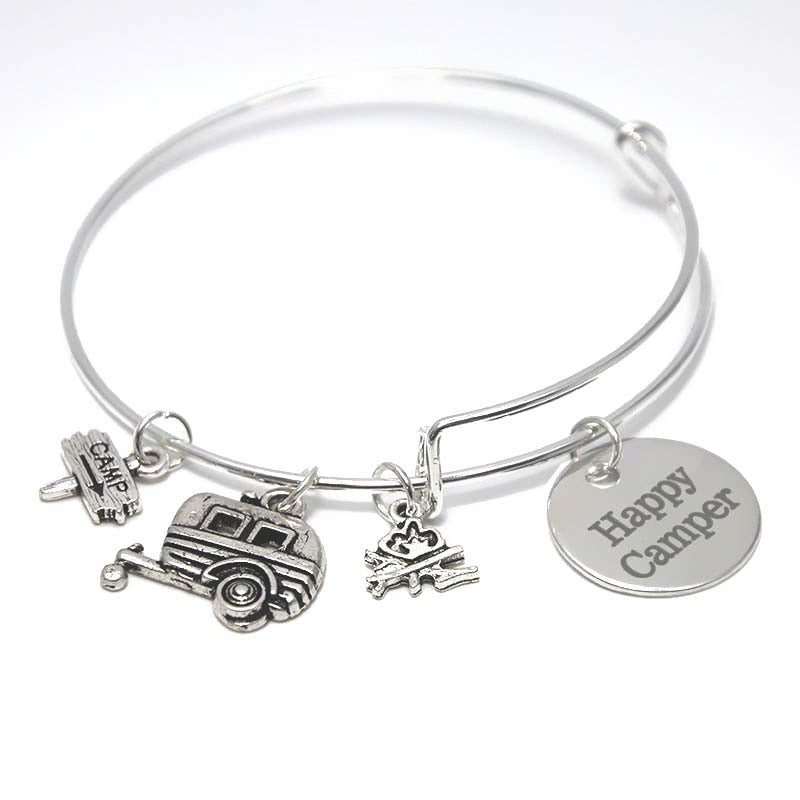 12pcs/lot Camping Happy Camper Bracelet Expandable Bangle Charm Bracelet Jewelry