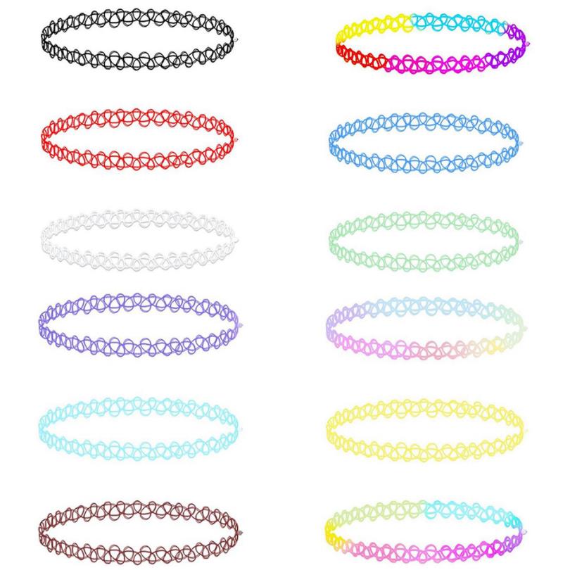 12pcs/pack Mixed Color Tattoo Rainbow Chokers Necklace Vintage Girls Stretch Gothic Charm Punk Elastic Collares Women's Jewelry