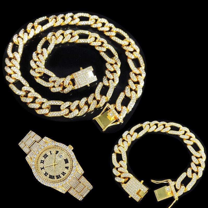 13MM Hip Hop Iced Out 3pcs Kit Paved Rhinestones Miami Curb Link Chain CZ Rapper Necklace+Watch+Bracelet For Men Women Jewelry