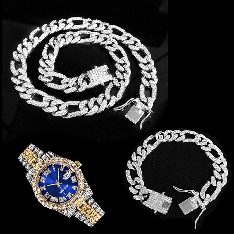 13MM Hip Hop Iced Out 3pcs Kit Paved Rhinestones Miami Curb Link Chain CZ Rapper Necklace+Watch+Bracelet For Men Women Jewelry