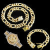 13MM Hip Hop Iced Out 3pcs Kit Paved Rhinestones Miami Curb Link Chain CZ Rapper Necklace+Watch+Bracelet For Men Women Jewelry