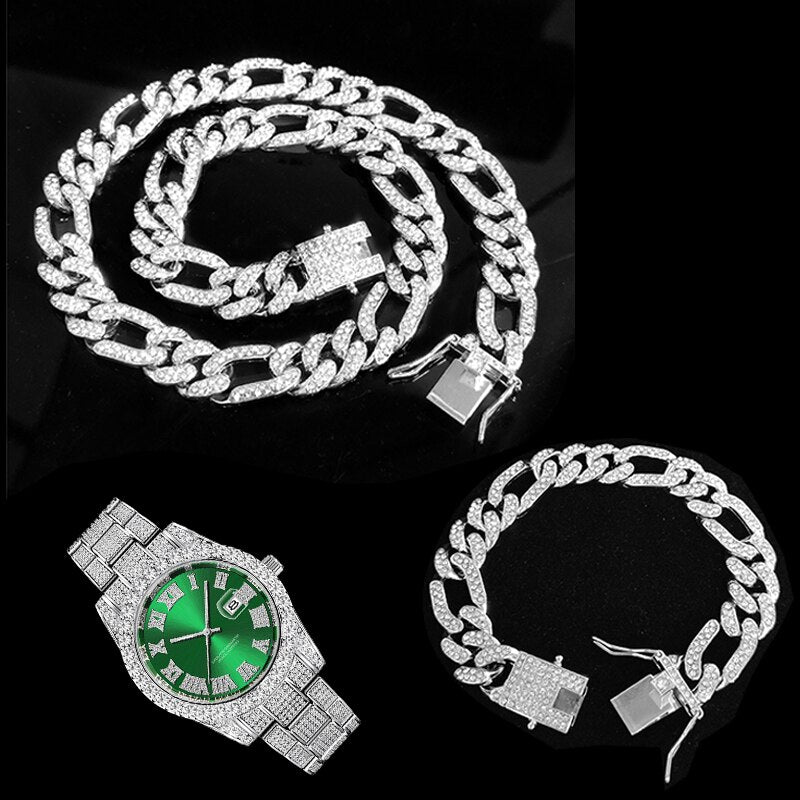 13MM Hip Hop Iced Out 3pcs Kit Paved Rhinestones Miami Curb Link Chain CZ Rapper Necklace+Watch+Bracelet For Men Women Jewelry