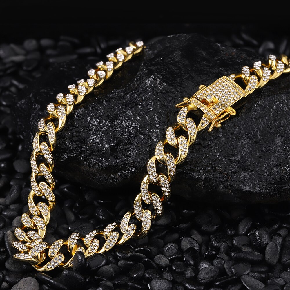 13mm Iced Out Cuban Necklace Chain Hip Hop Jewelry Choker Gold Silver Color Rhinestone CZ Clasp For Mens Rapper Necklaces Link