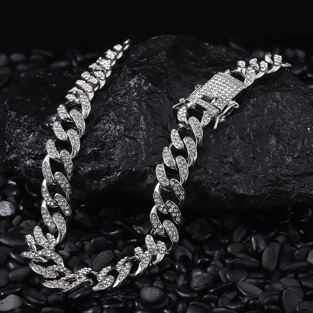 13mm Iced Out Cuban Necklace Chain Hip Hop Jewelry Choker Gold Silver Color Rhinestone CZ Clasp For Mens Rapper Necklaces Link