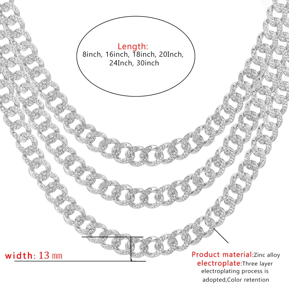 13mm Iced Out Cuban Necklace Chain Hip Hop Jewelry Choker Gold Silver Color Rhinestone CZ Clasp For Mens Rapper Necklaces Link