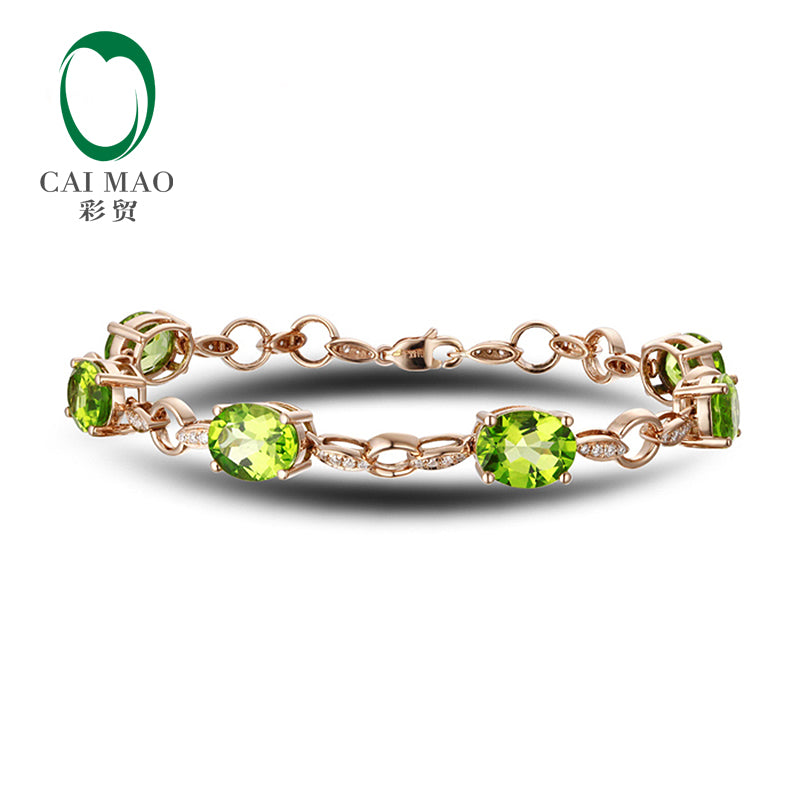 14.10ctw Oval Flawless Green Peridot Pave Diamond 14k Rose Gold Gem Bracelet