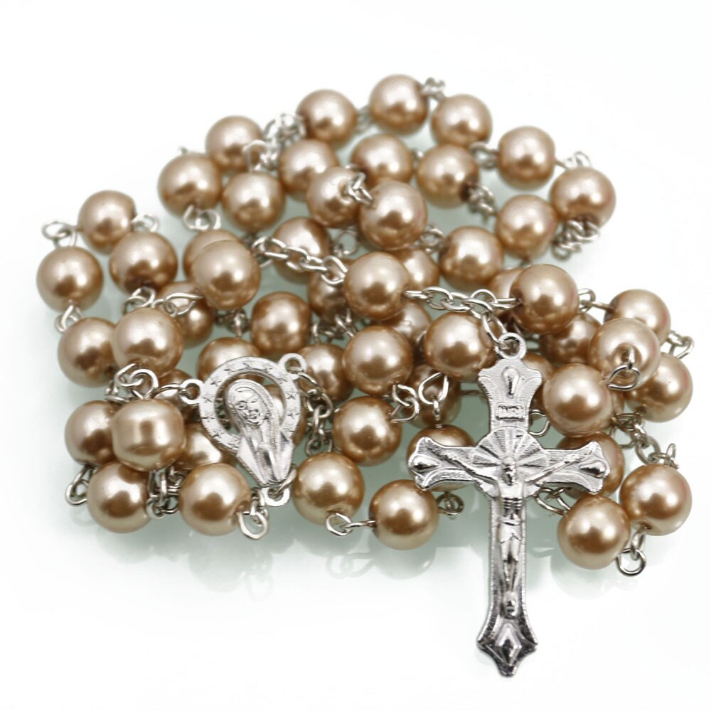 14 Colors Colorful Beads Pearl Catholic Christian Cross Catholic Rosary Necklace Prayer Long Statement Religious Jewelry