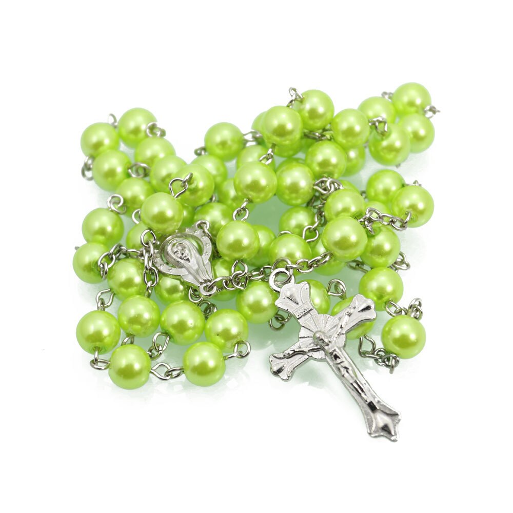 14 Colors Colorful Beads Pearl Catholic Christian Cross Catholic Rosary Necklace Prayer Long Statement Religious Jewelry