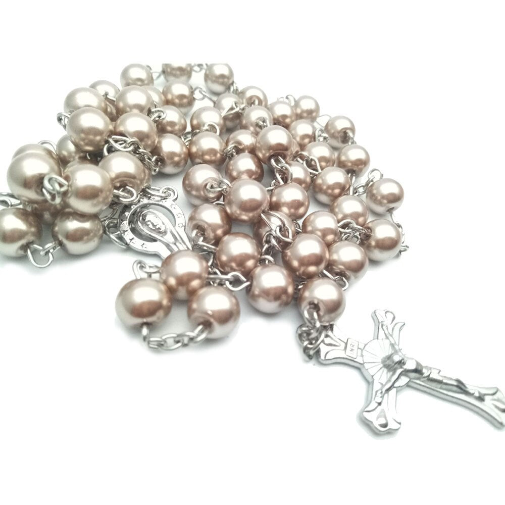 14 Colors Colorful Beads Pearl Catholic Christian Cross Catholic Rosary Necklace Prayer Long Statement Religious Jewelry
