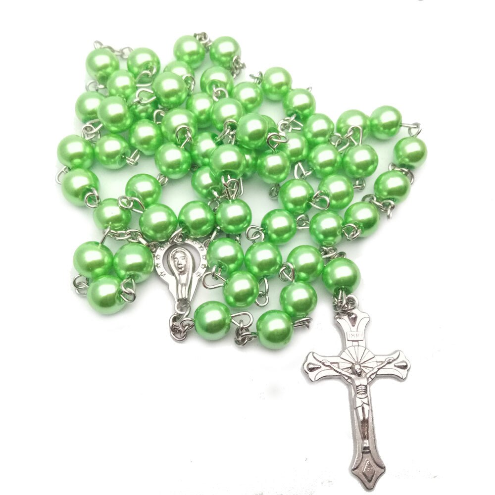 14 Colors Colorful Beads Pearl Catholic Christian Cross Catholic Rosary Necklace Prayer Long Statement Religious Jewelry