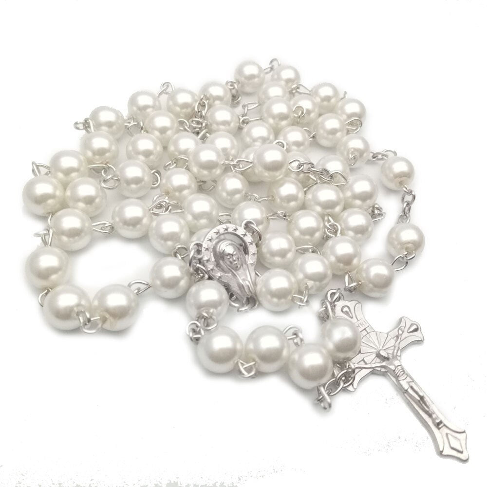 14 Colors Colorful Beads Pearl Catholic Christian Cross Catholic Rosary Necklace Prayer Long Statement Religious Jewelry