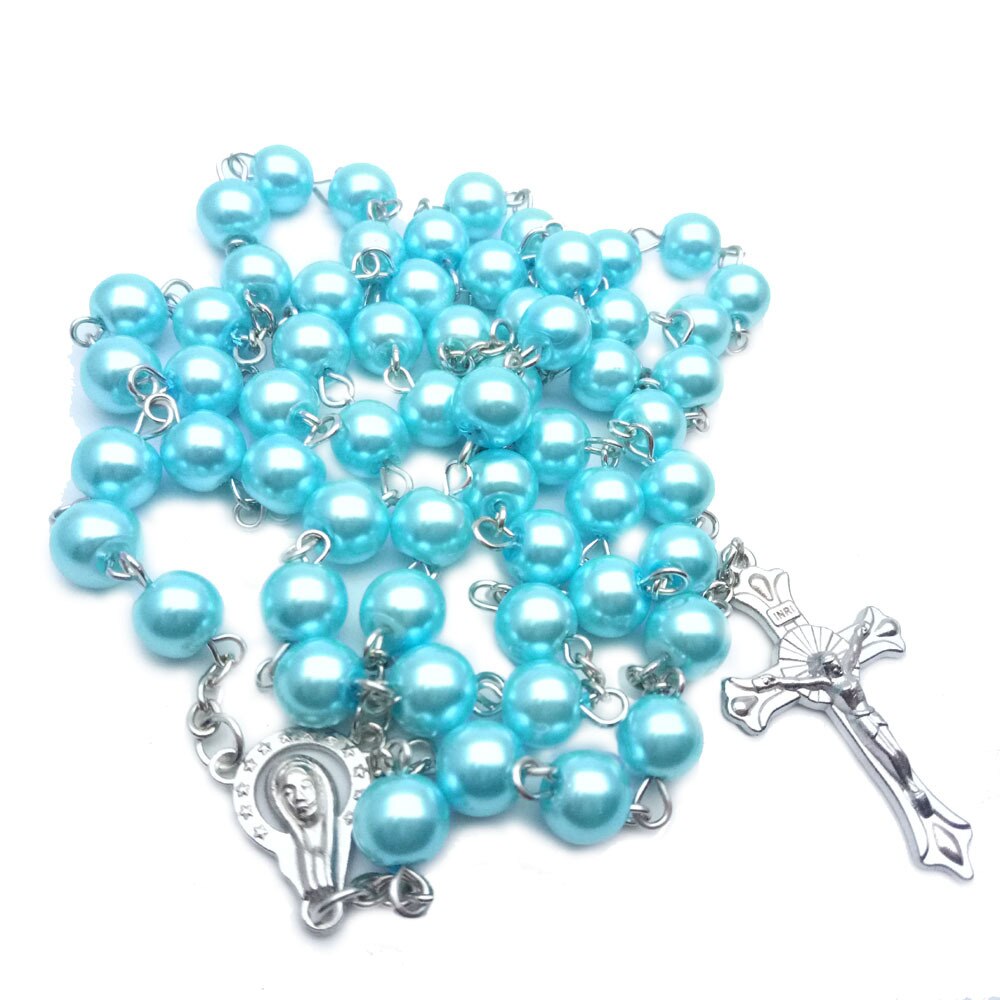 14 Colors Colorful Beads Pearl Catholic Christian Cross Catholic Rosary Necklace Prayer Long Statement Religious Jewelry