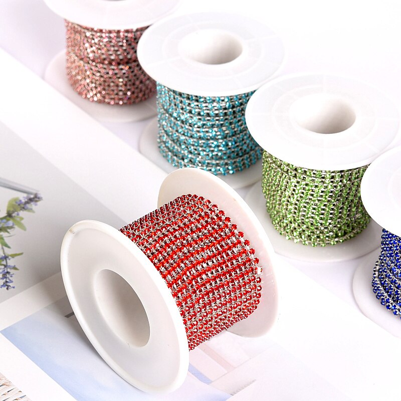 14 Colors SS6 10yards Rhinestones Chain Silver Claw Colorful Sew On Rhinestones Cup Chain for DIY Clothes Dress Decoration B1234