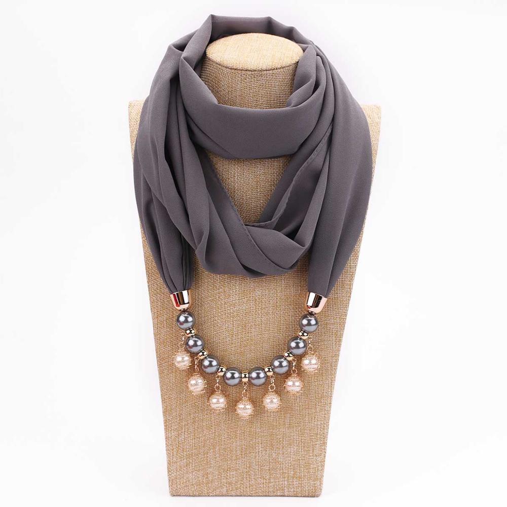 14 colors New design scarf necklace for women fashion pearl jewelry necklace of muslim Sun protection Wrapped Chiffon scarf gift