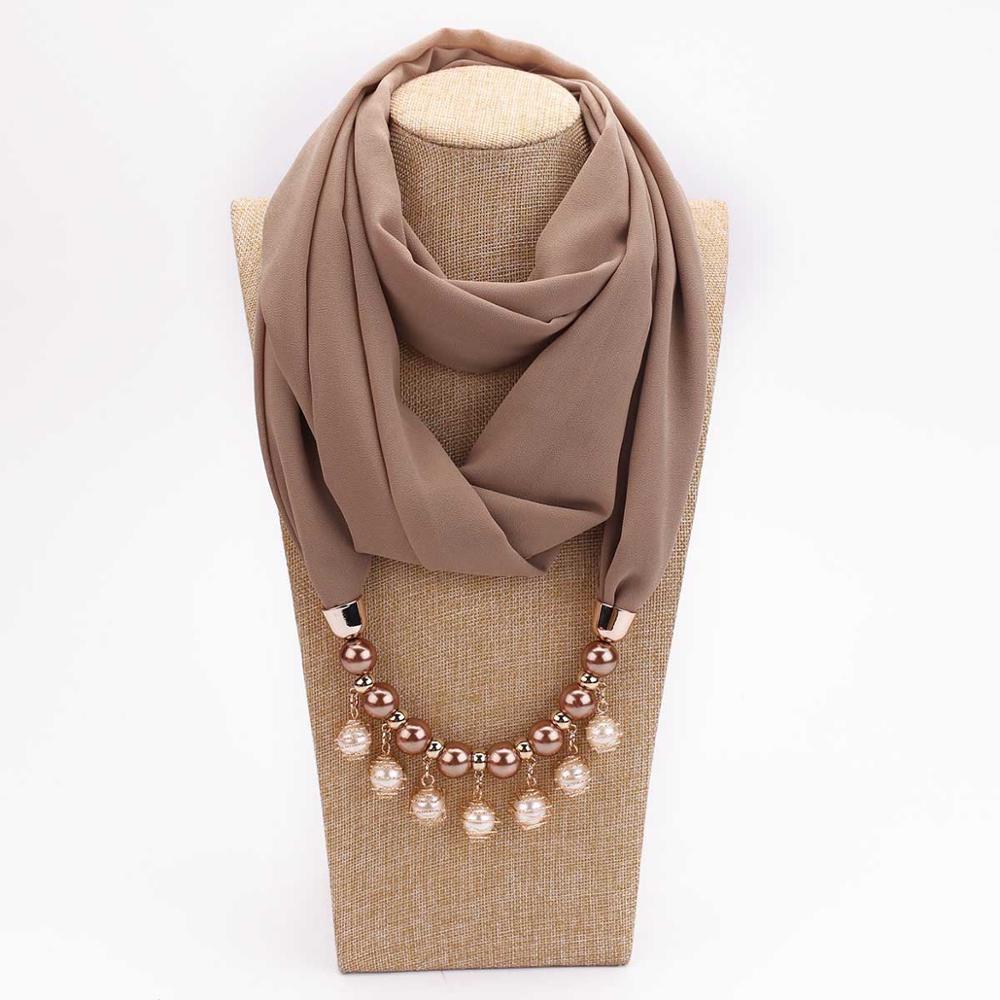 14 colors New design scarf necklace for women fashion pearl jewelry necklace of muslim Sun protection Wrapped Chiffon scarf gift