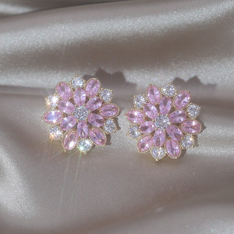 14K Gold Plated Korea Design Jewelry  pink Zircon Flowers Earrings Elegant Women Wedding Party Accessories