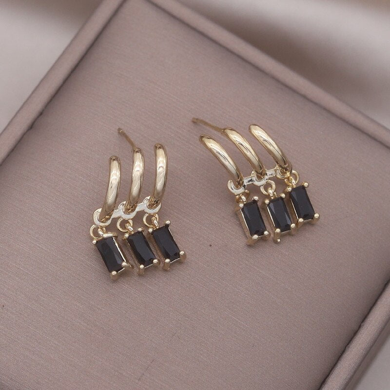 14K Gold Plated Korea Design Jewelry Three Layers Tassel Black Zircon Earring Elegant Women's Daily Work Accessories