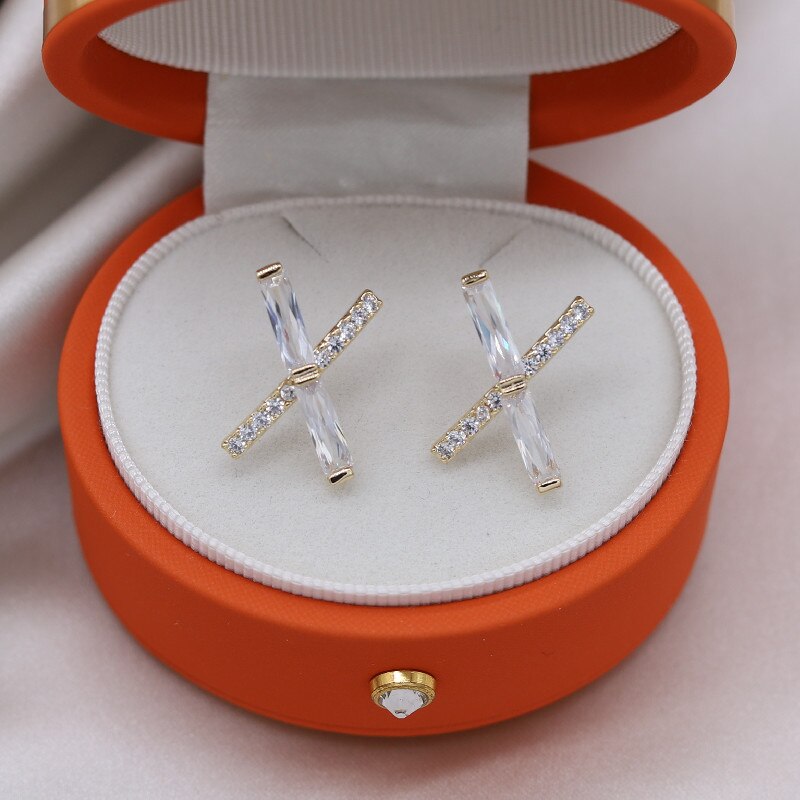 14K Gold plating Korea Jewelry Exquisite AAA Zircon Simple Cross Earrings Elegant Urban Women's Daily Work Earrings