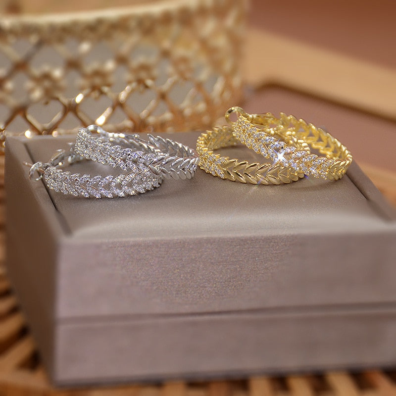 14K Gold plating Korea Jewelry Exquisite  AAA Zircon Wheat Ear Leaves Earrings Elegant Women's Party Earrings