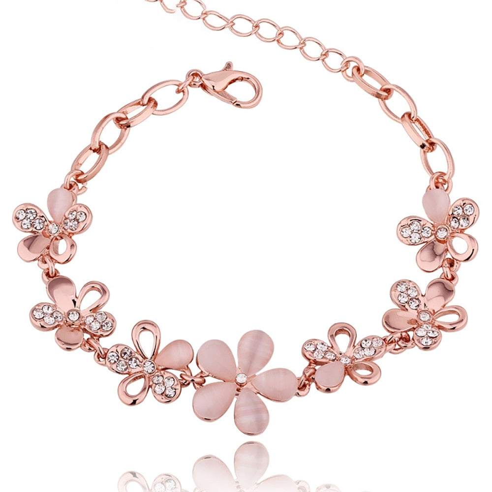 14K Rose Gold Flower Fashion New Cat Eye Stone Opal Crystal Bracelet for Women Fine Jewelry Handmade Flowers and Plants Style