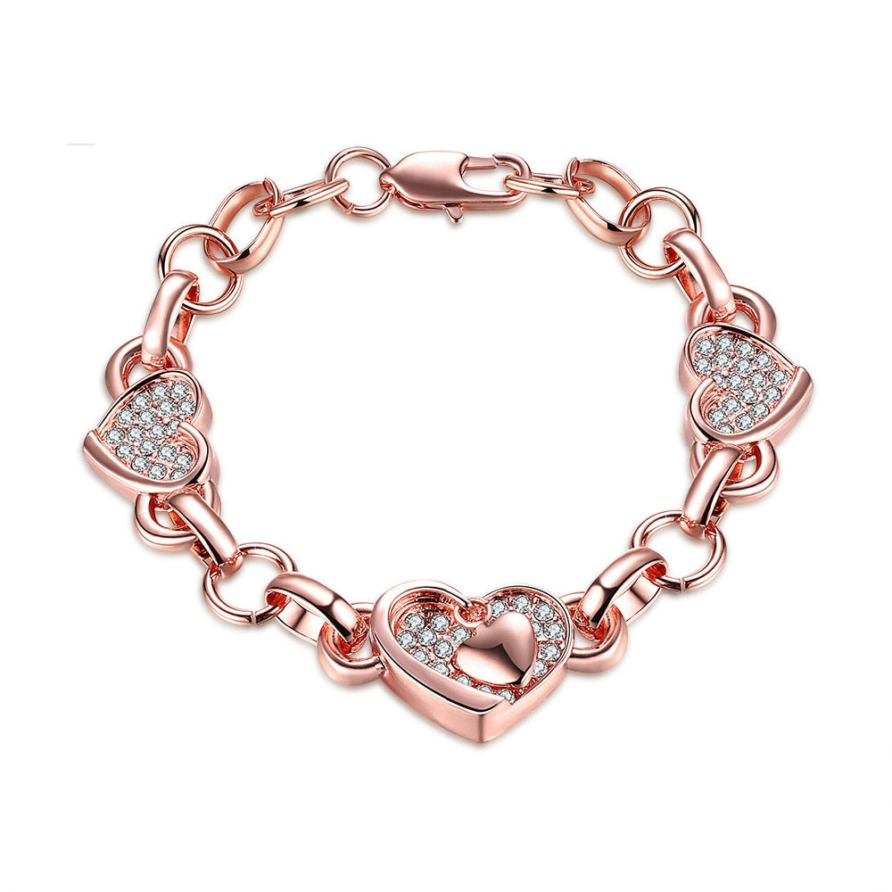14K Rose Gold Heart Shaped New Fashion Diamond Zircon Silver 925 Bracelet Creative Alloy Couple Hand Inlaid Crystals Jewelry