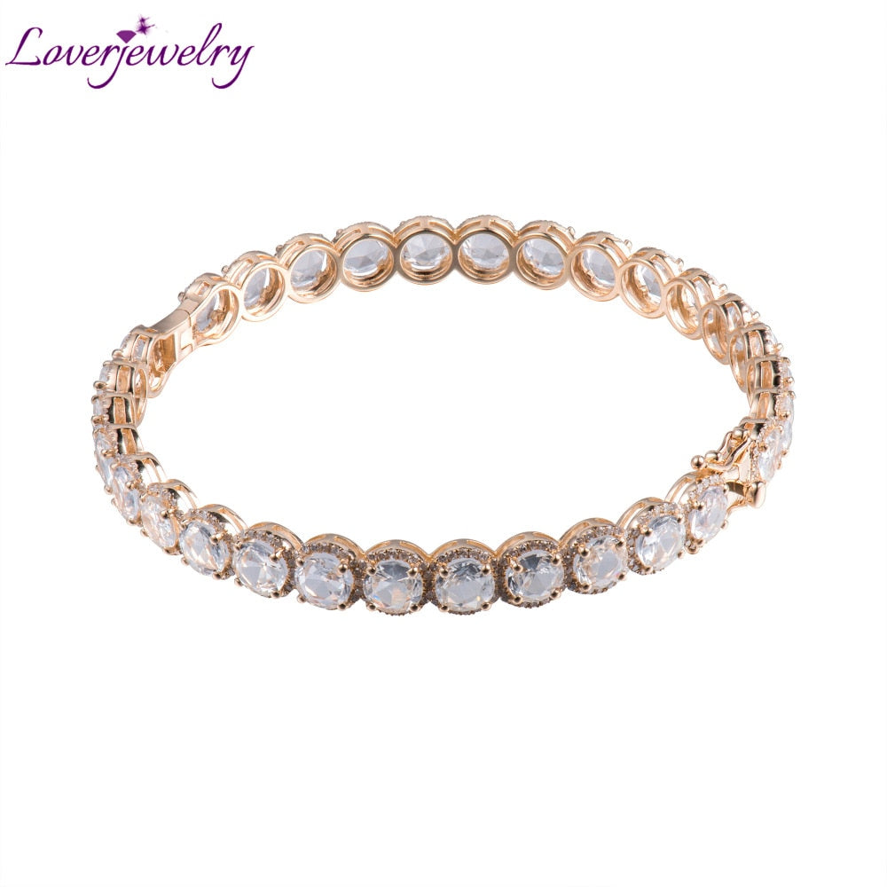 14K Solid Gold Bangle Bracelet With Natural White Topaz And Diamond NA002