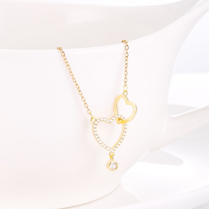 14k Gold Double Heart Necklace for Women Shining Bling Zircon Women's Clavicle Chain Elegant Charm Wedding Pendant Jewelry 2022