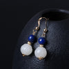 14k Gold Plated Natual White Jade Lotus Flowers Earrings For Women Handmade Ethnic Style With Lapis And Amazon Stone Beads