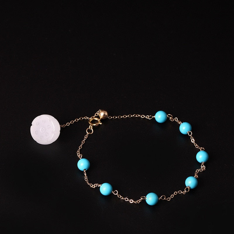 14k Gold Plated Natural Stone Turquoise Beads Bracelet For Girls With Jade Lotus Charm Handmade Ethnic Style Fine Jewelry