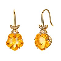 14k Yellow Gold 13mm Flower Shape 15.81ct Natural Citrine H SI Diamond Dangle Earrings
