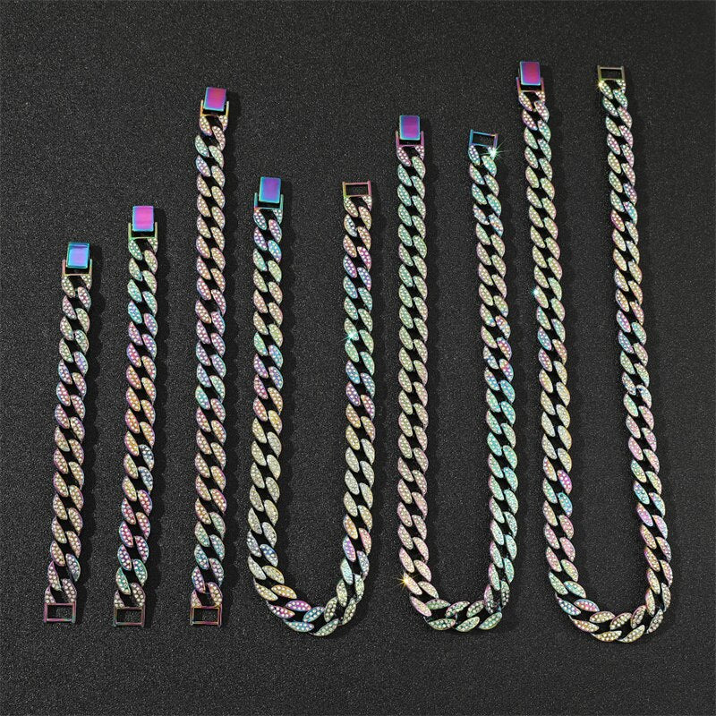 14mm Miami Cuban Link Chain Gold Silver Color Necklace Bracelet Iced Out Crystal Rhinestone Hip Hop for Men Jewelry Necklaces