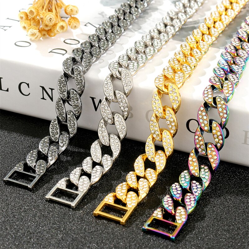 14mm Miami Cuban Link Chain Gold Silver Color Necklace Bracelet Iced Out Crystal Rhinestone Hip Hop for Men Jewelry Necklaces