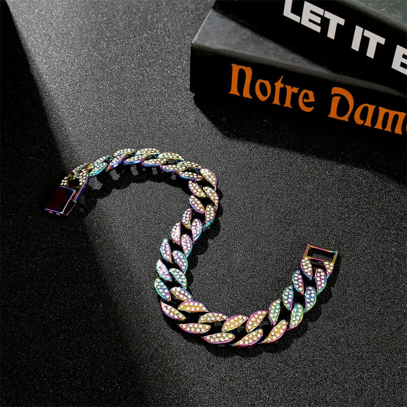 14mm Miami Cuban Link Chain Gold Silver Color Necklace Bracelet Iced Out Crystal Rhinestone Hip Hop for Men Jewelry Necklaces