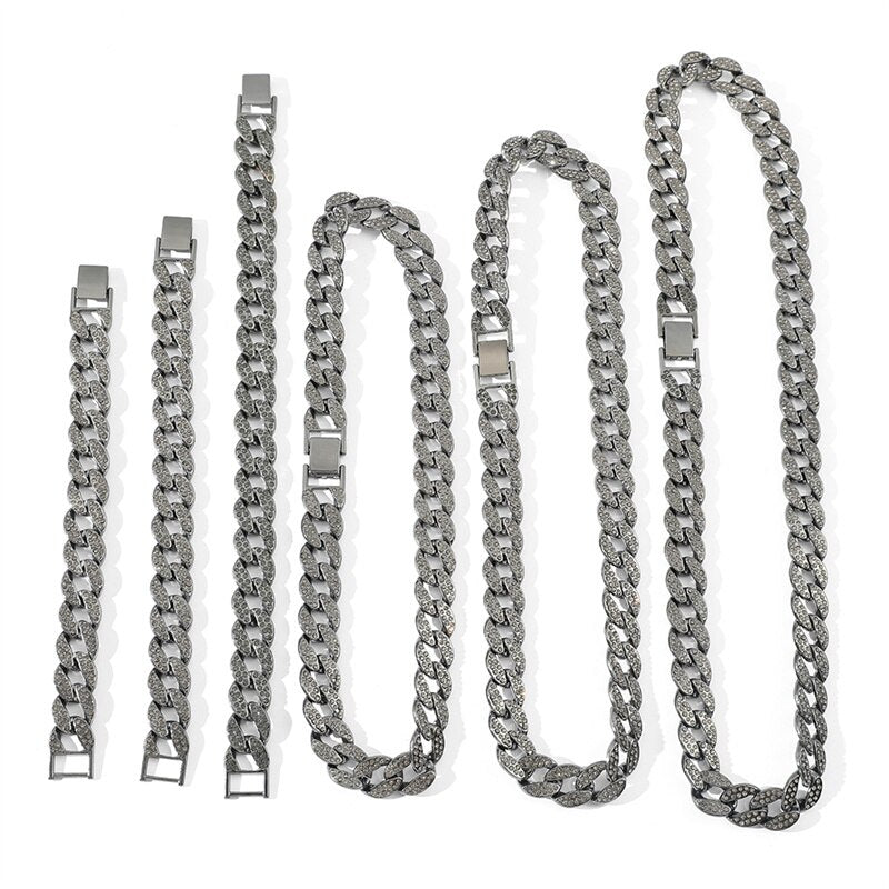 14mm Miami Cuban Link Chain Gold Silver Color Necklace Bracelet Iced Out Crystal Rhinestone Hip Hop for Men Jewelry Necklaces