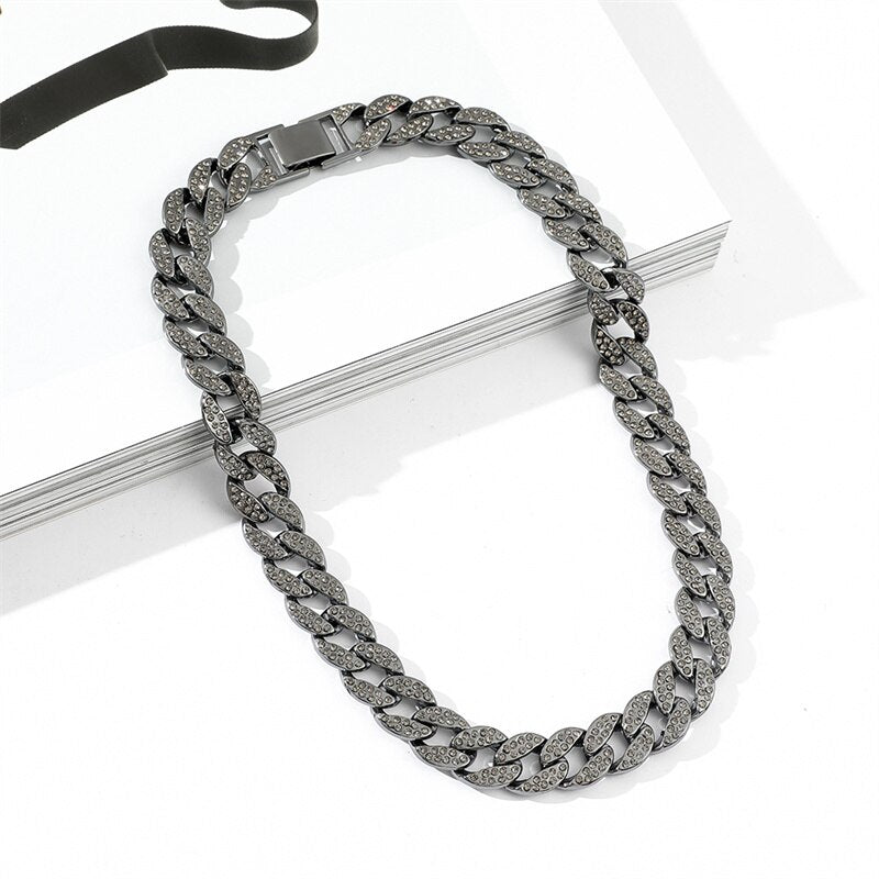 14mm Miami Cuban Link Chain Gold Silver Color Necklace Bracelet Iced Out Crystal Rhinestone Hip Hop for Men Jewelry Necklaces