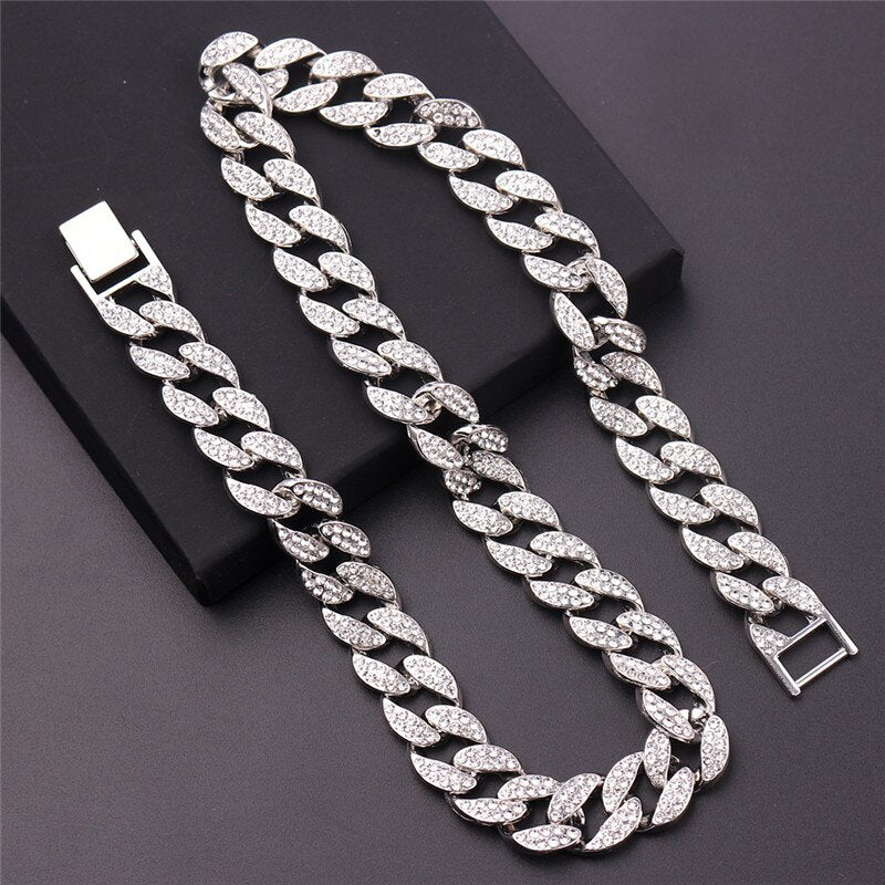 14mm Miami Cuban Link Chain Gold Silver Color Necklace Bracelet Iced Out Crystal Rhinestone Hip Hop for Men Jewelry Necklaces