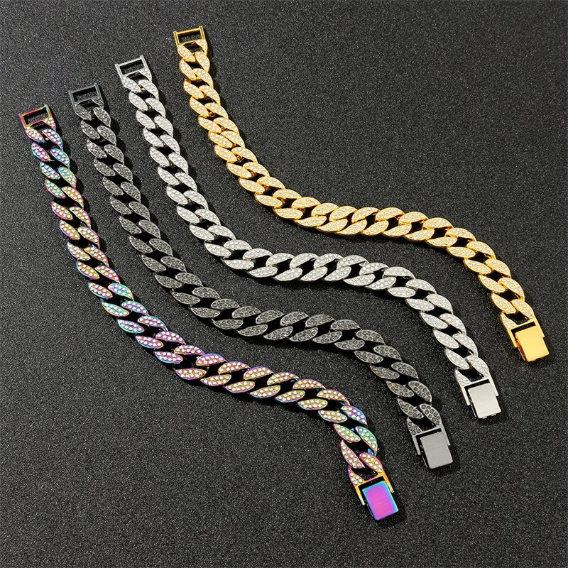 14mm Miami Cuban Link Chain Gold Silver Color Necklace Bracelet Iced Out Crystal Rhinestone Hip Hop for Men Jewelry Necklaces
