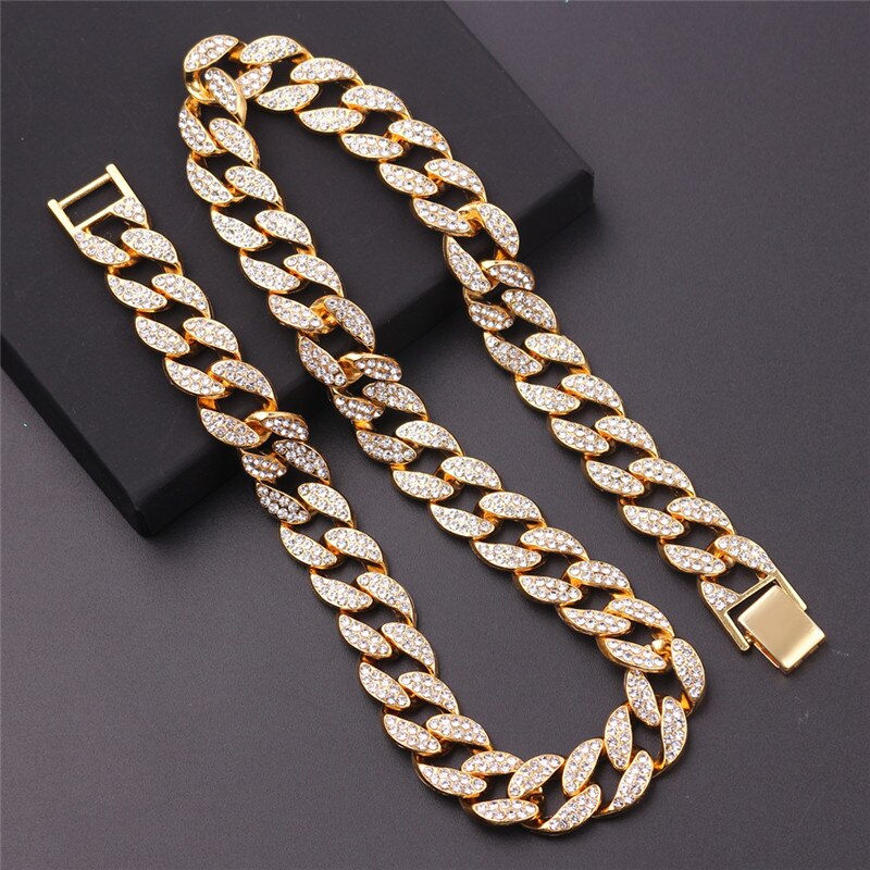 14mm Miami Cuban Link Chain Gold Silver Color Necklace Bracelet Iced Out Crystal Rhinestone Hip Hop for Men Jewelry Necklaces