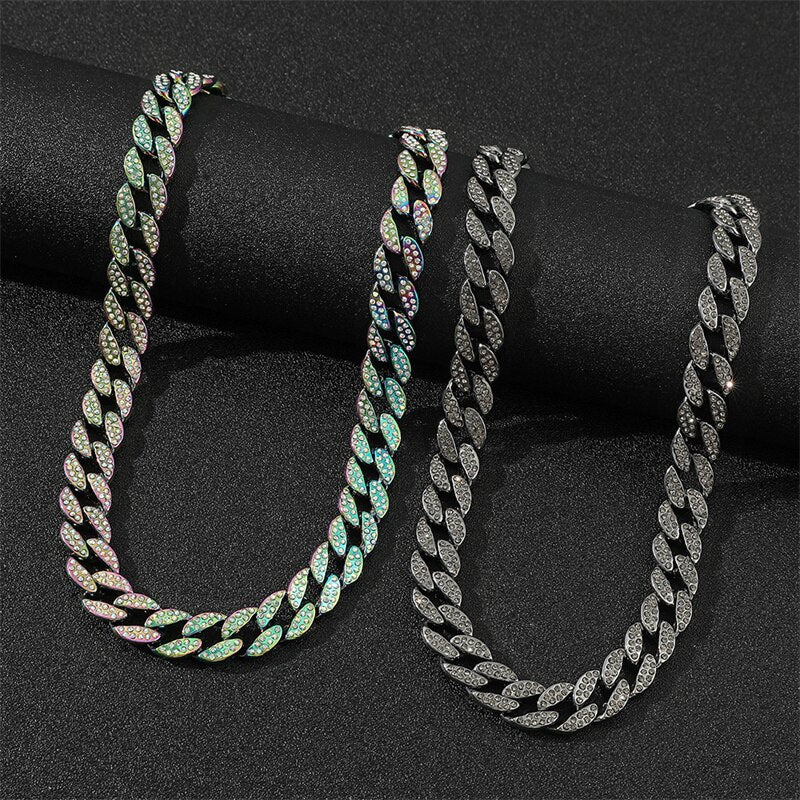 14mm Miami Cuban Link Chain Gold Silver Color Necklace Bracelet Iced Out Crystal Rhinestone Hip Hop for Men Jewelry Necklaces