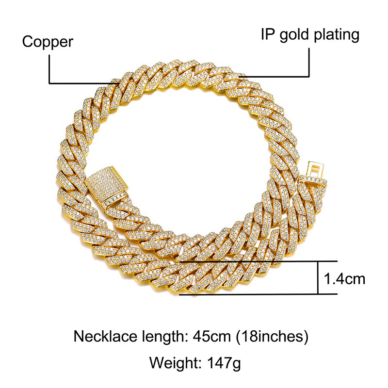 14mm Miami Cuban Link Chain Micro Paved Bling Rhinestone Gold   Color Plated Choker Necklaces For Men/Women Hip Hop Jewelry